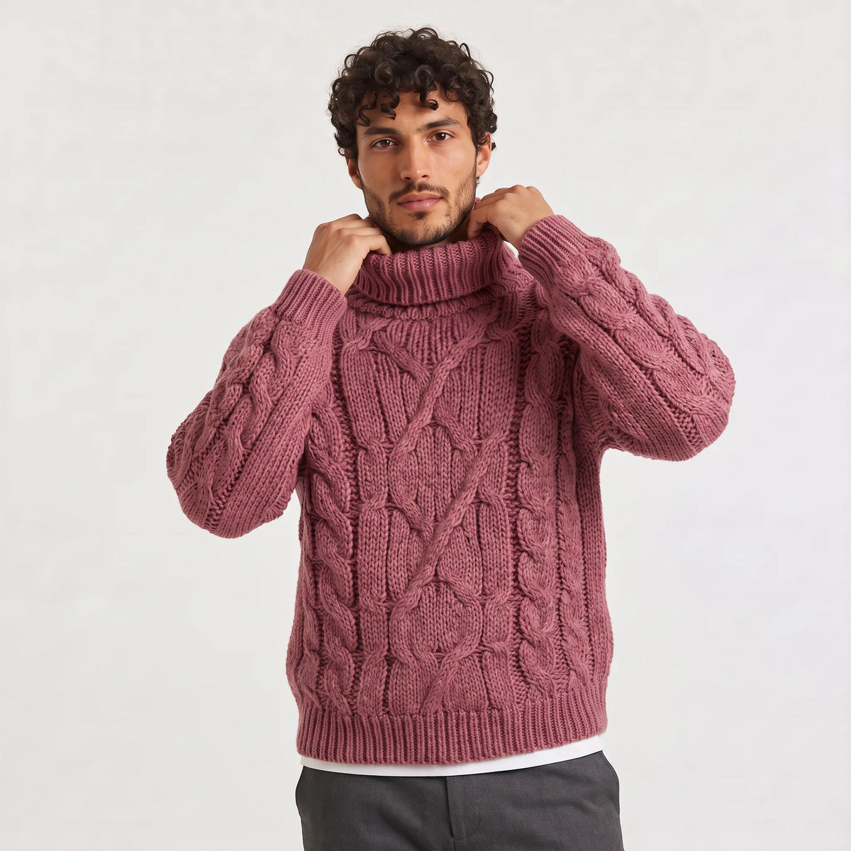 Men's Chunky Cable Turtleneck Relaxed Fit Sweater 7