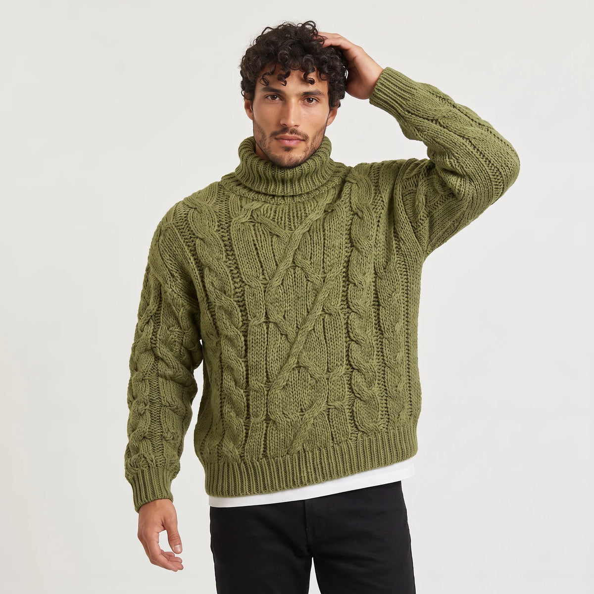 Men's Chunky Cable Turtleneck Relaxed Fit Sweater 0