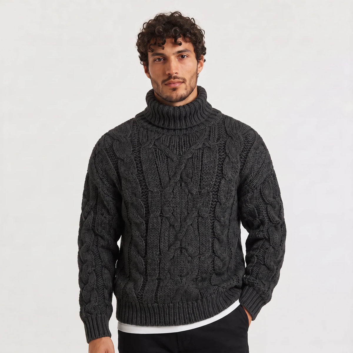 Men's Chunky Cable Turtleneck Relaxed Fit Sweater 5