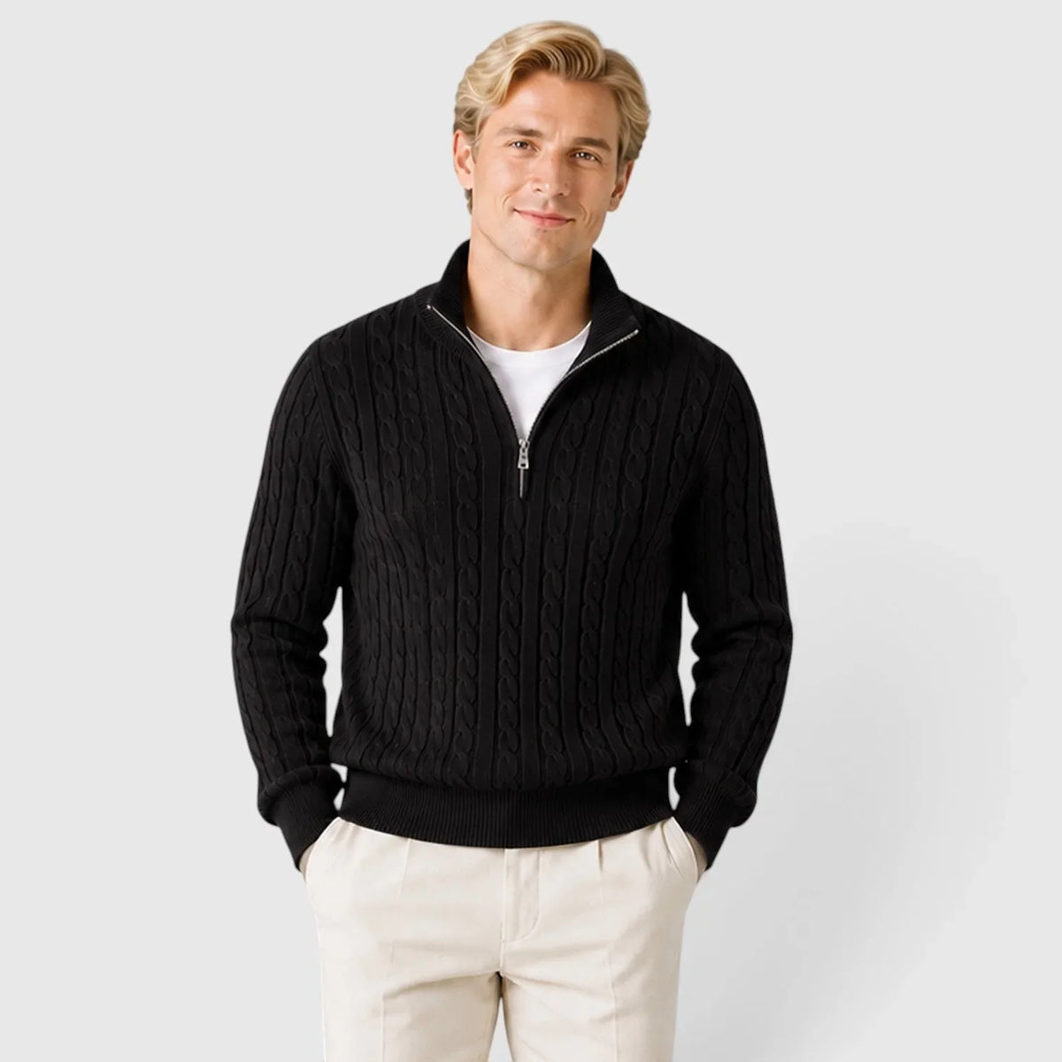 Men's Zip-Up Mock Neck Cable-Knit Winter Sweater