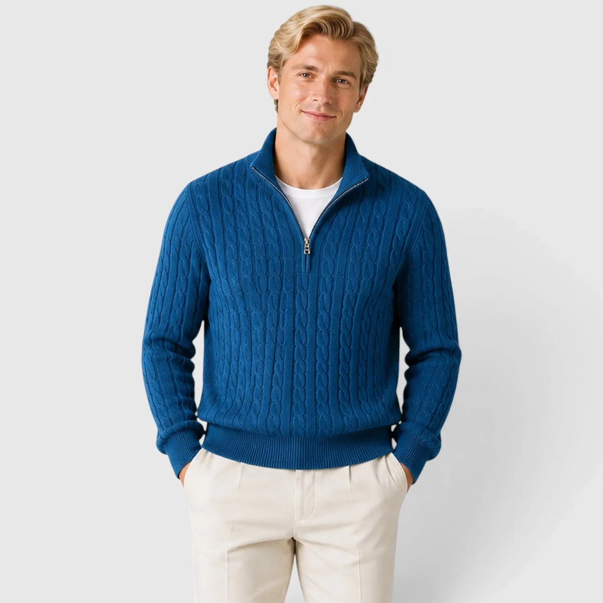 Men's Zip-Up Mock Neck Cable-Knit Winter Sweater