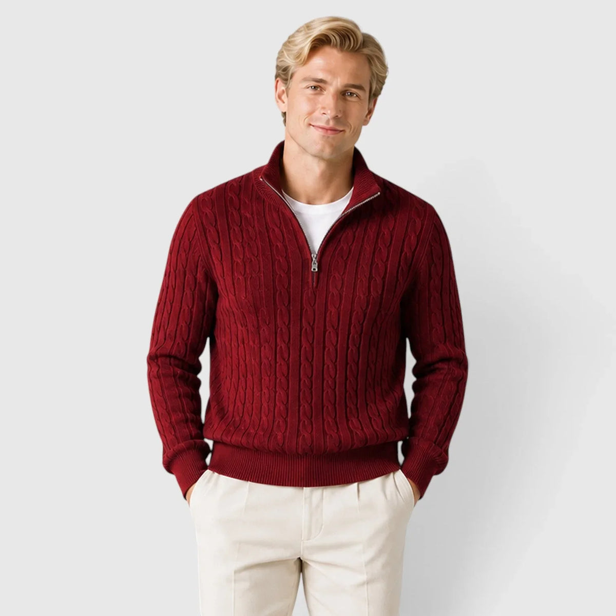 Men's Zip-Up Mock Neck Cable-Knit Winter Sweater