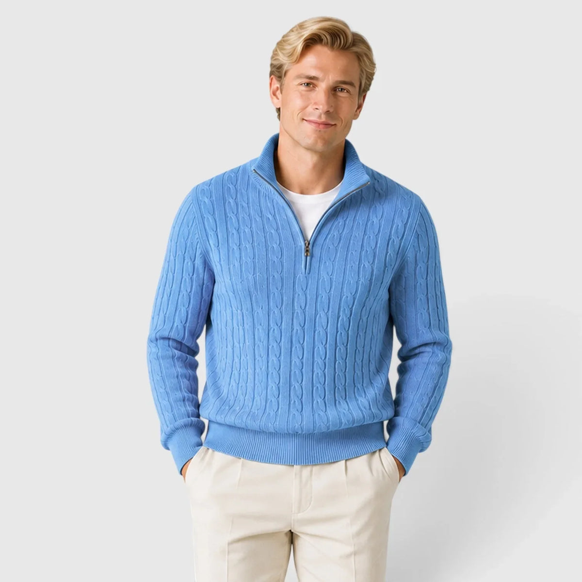 Men's Zip-Up Mock Neck Cable-Knit Winter Sweater