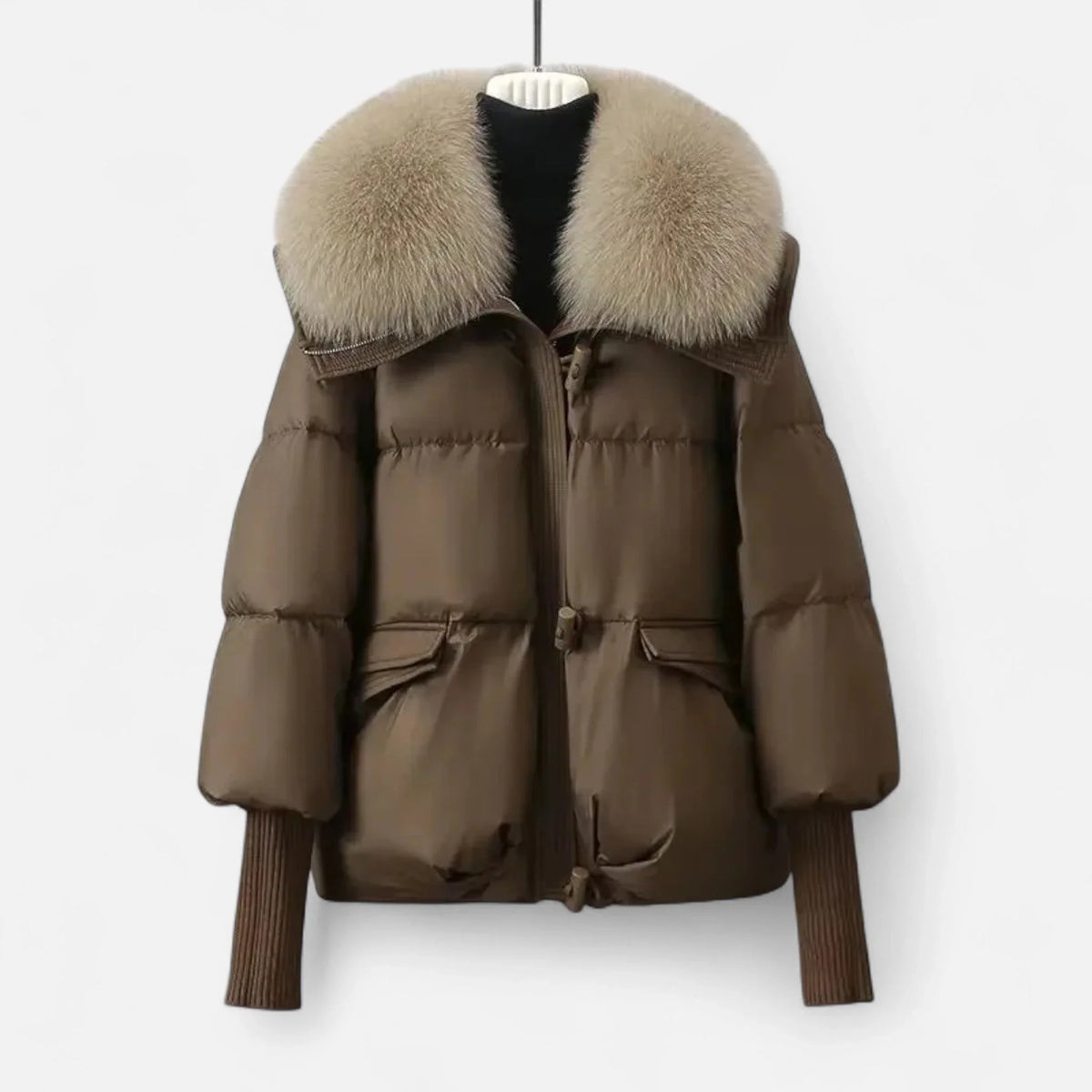 Women's Cozy Faux Fur Collar Ribbed Sleeve Jacket 0