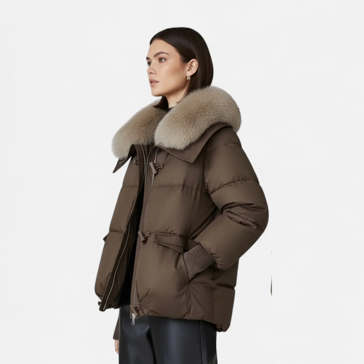 Women's Cozy Faux Fur Collar Ribbed Sleeve Jacket 1