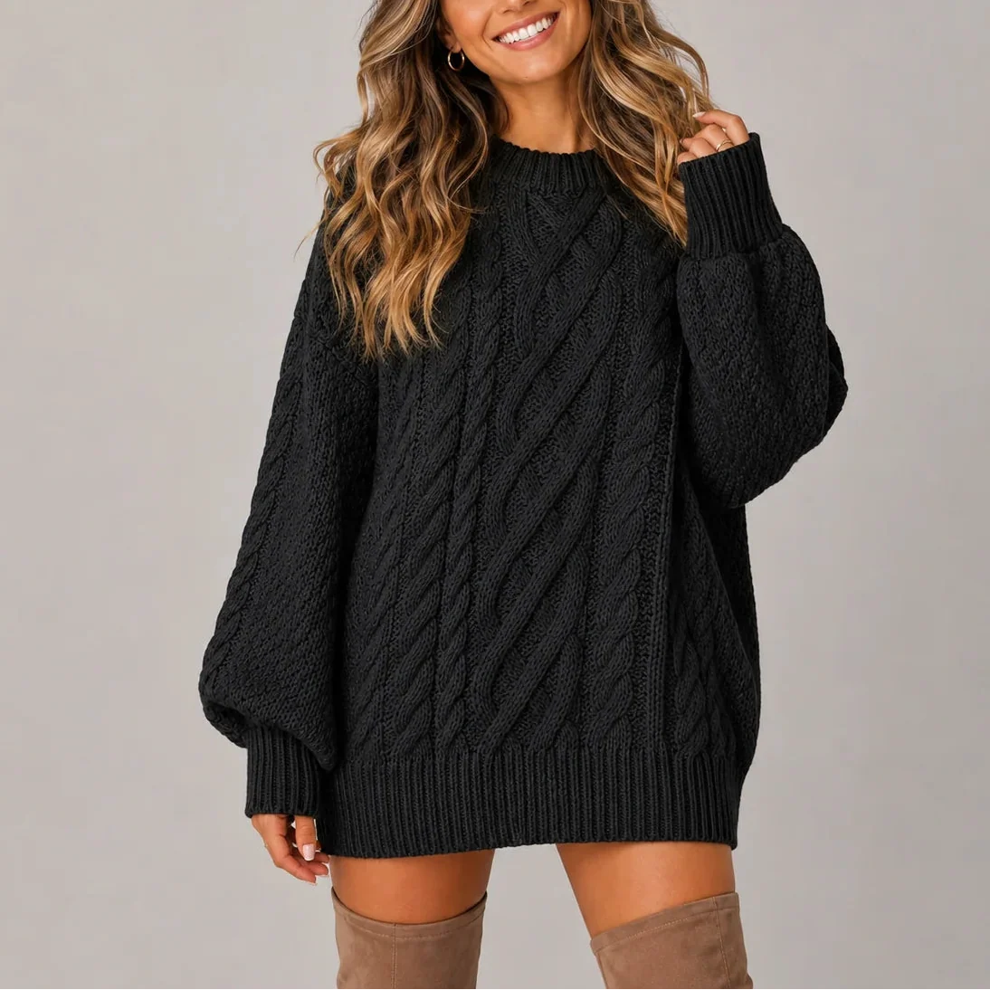 Women's Cozy Relaxed Fit Cable-Knit Sweater Dress 8