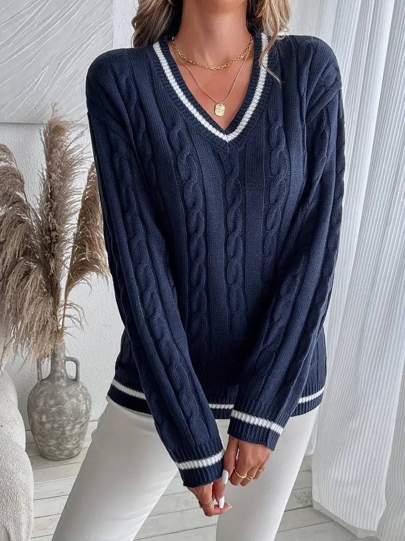 Women's Cozy V-Neck Cable-Knit Sweater 1