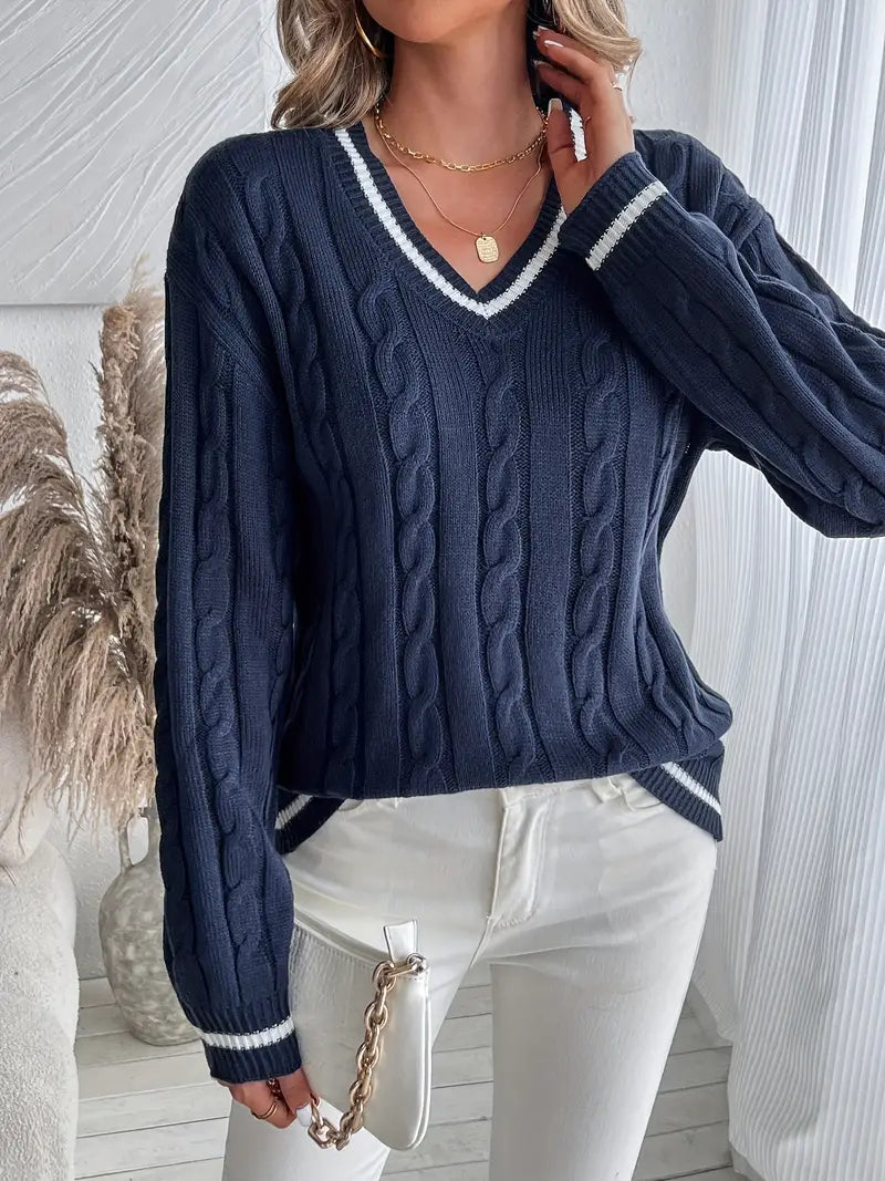 Women's Cozy V-Neck Cable-Knit Sweater 3