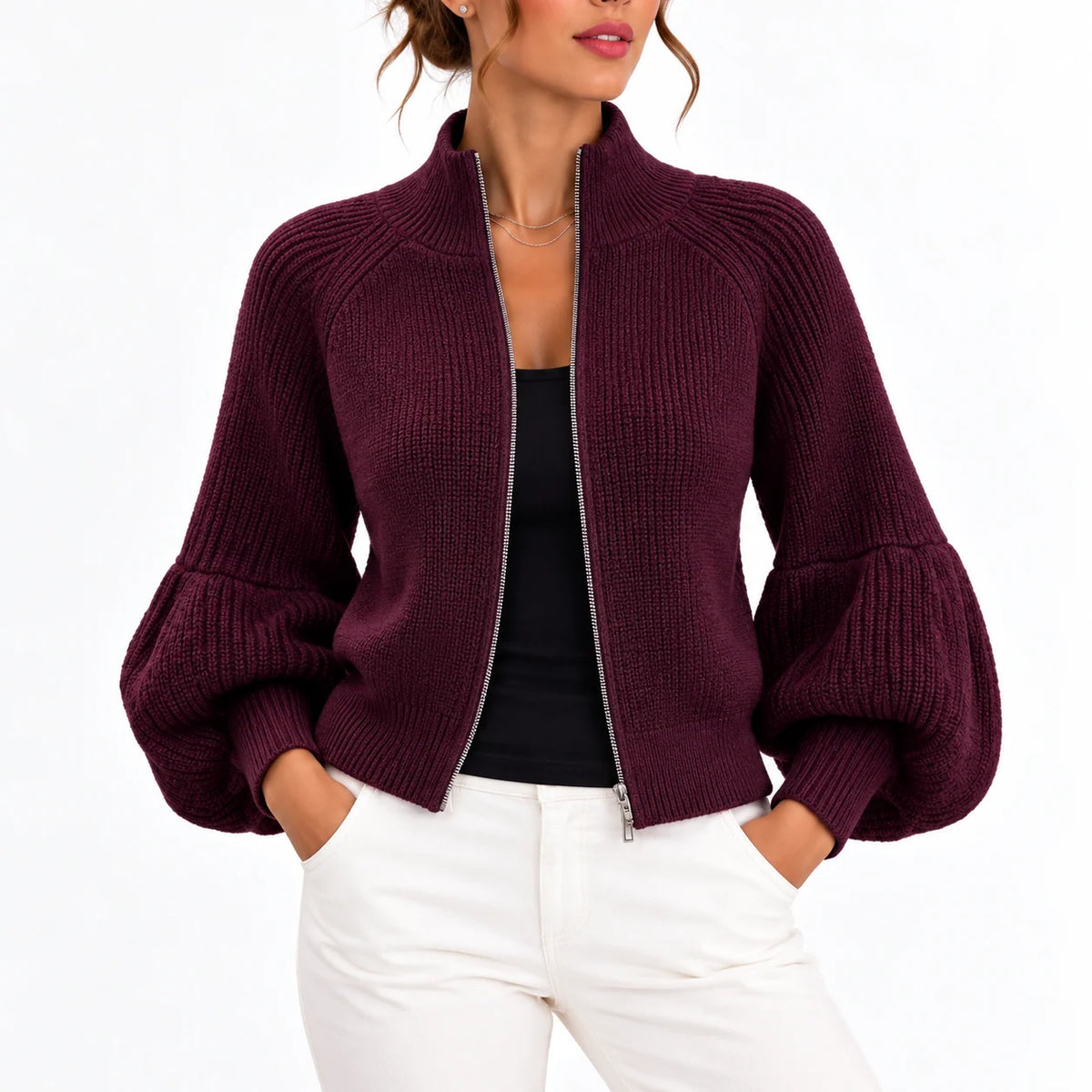 Women's Elegant Cropped Puff Sleeve Cardigan 2
