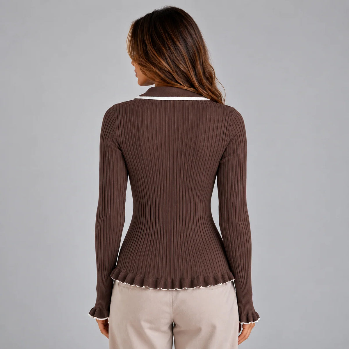 Women's Elegant Fitted Ribbed Long Sleeve Blouse 1