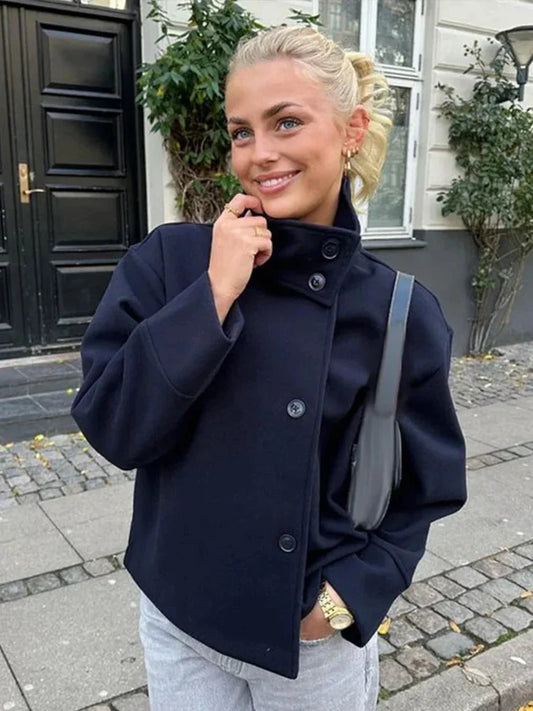 Women's Elegant High Collar Button-Up Short Coat