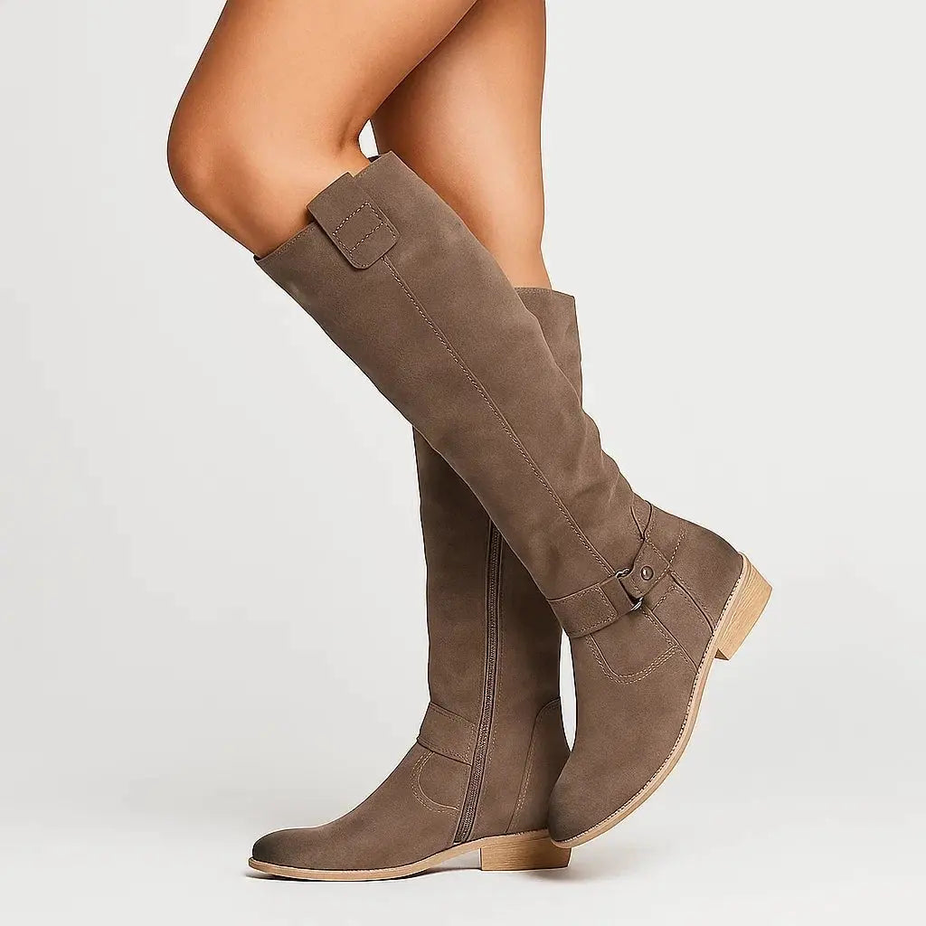 Women's knee high boots with block heel, side view