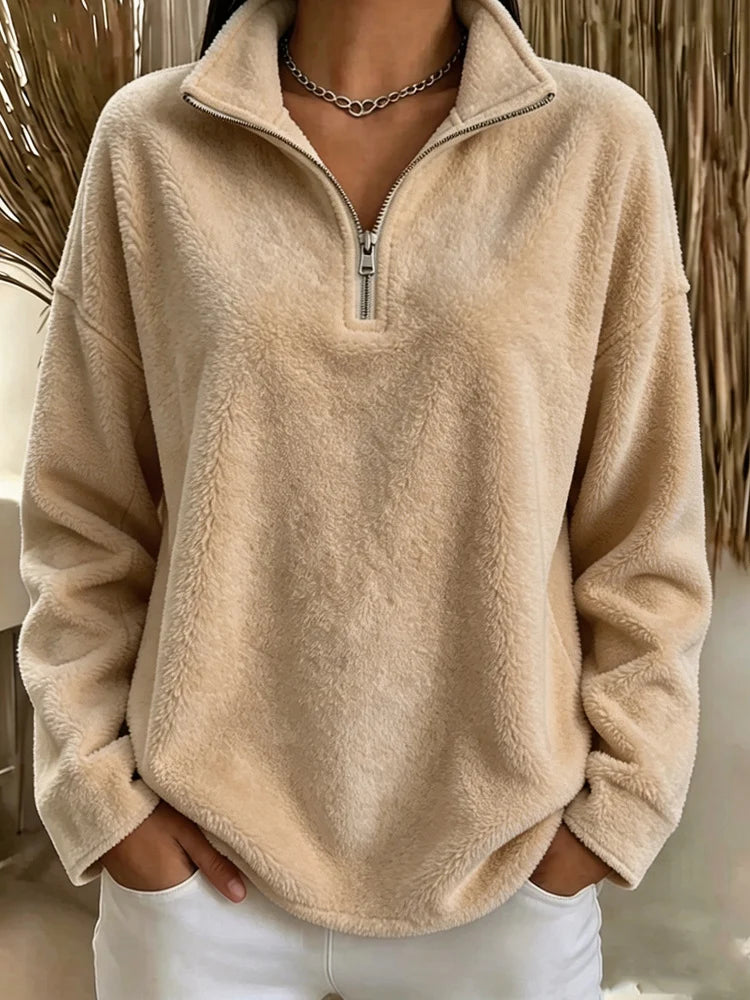 Women's Relaxed Fit Stand Collar Zip-Up Sweater 1